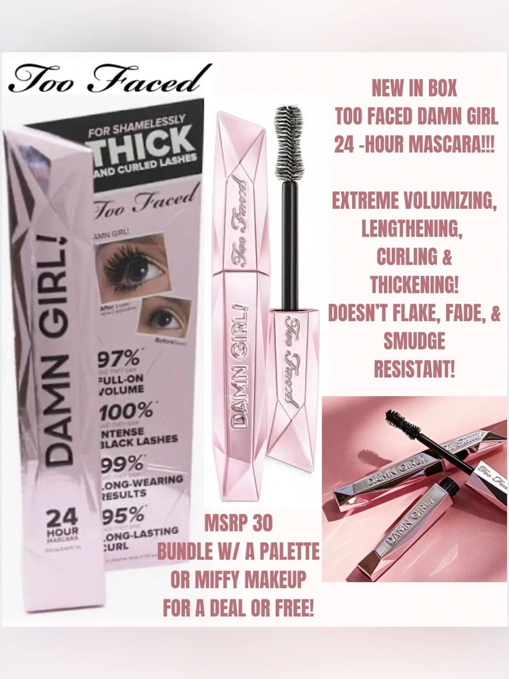 NIB TOO FACED DAMN GIRL MASCARA! 24 HOURS! WATERPROOF! BLACK!